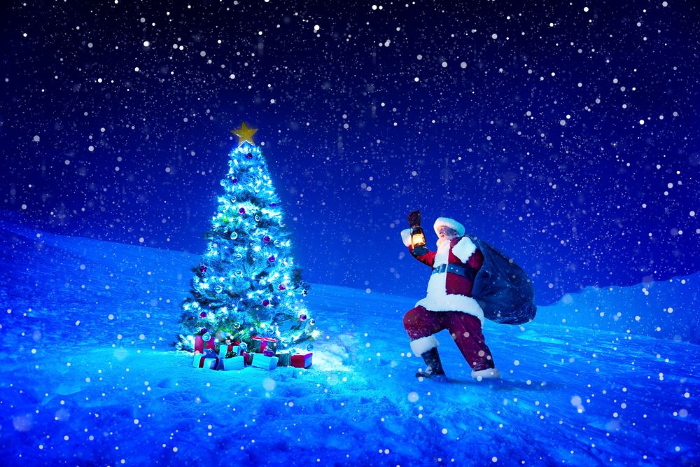 Santa claus holding lantern and sack next to a christmas tree.