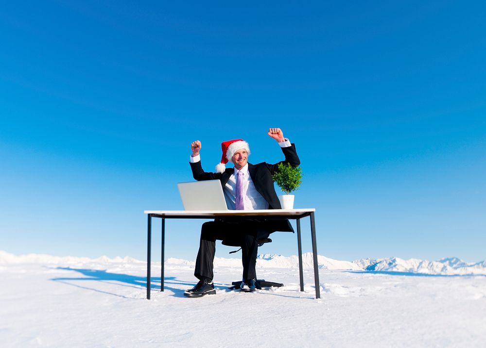 Businessman celebrating christmas on snow covered mountain.