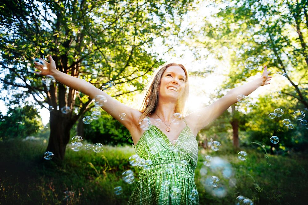 Woman Cheerful Happiness Freedom Carefree Nature Park Concept