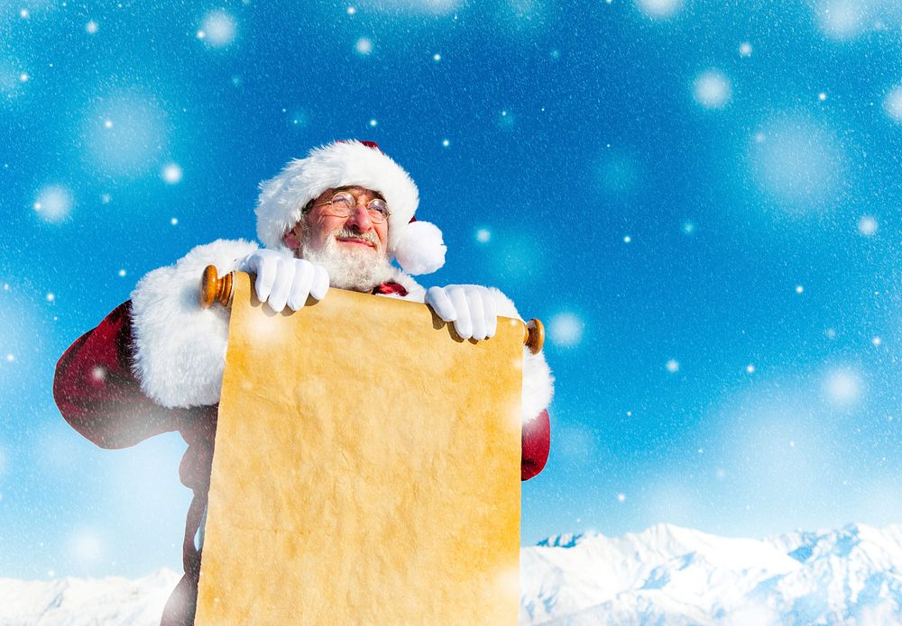 Traditional Santa Claus with a paper scroll.
