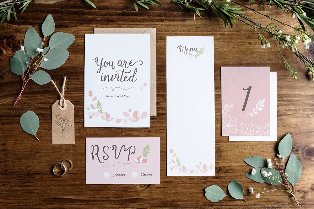 Flat lay floral wedding invitation mockup