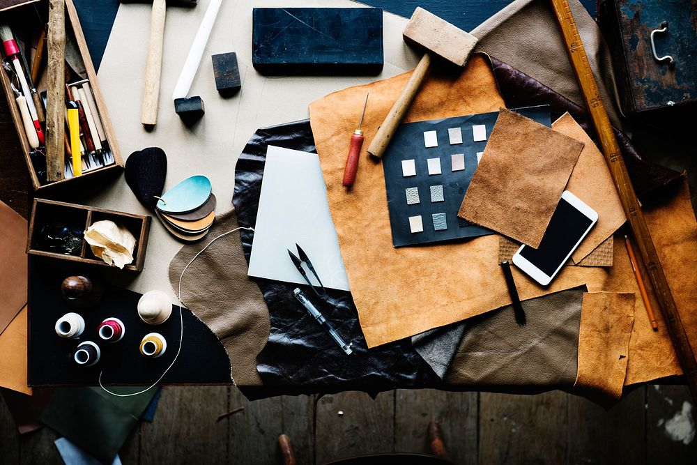 Handmade leathercraft equipment on the table