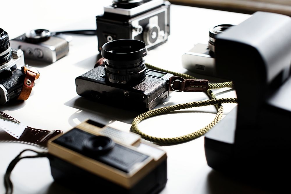 Aerial view of retro film camera collection