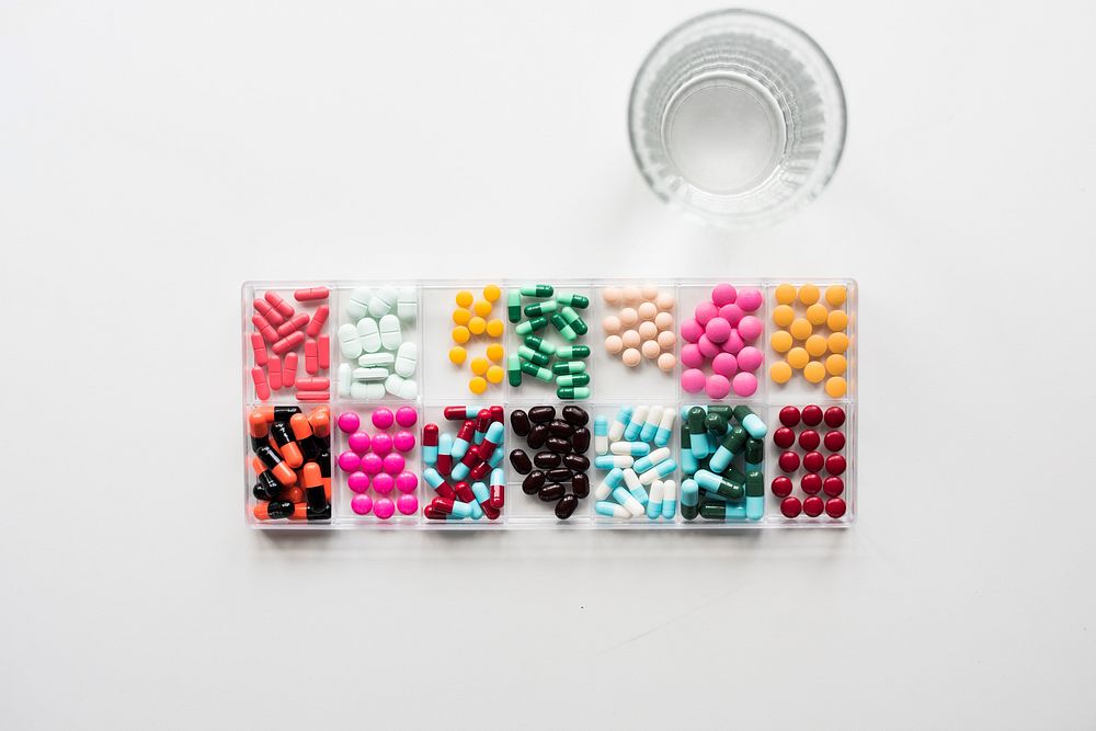 Aerial view of collection medicine on white background