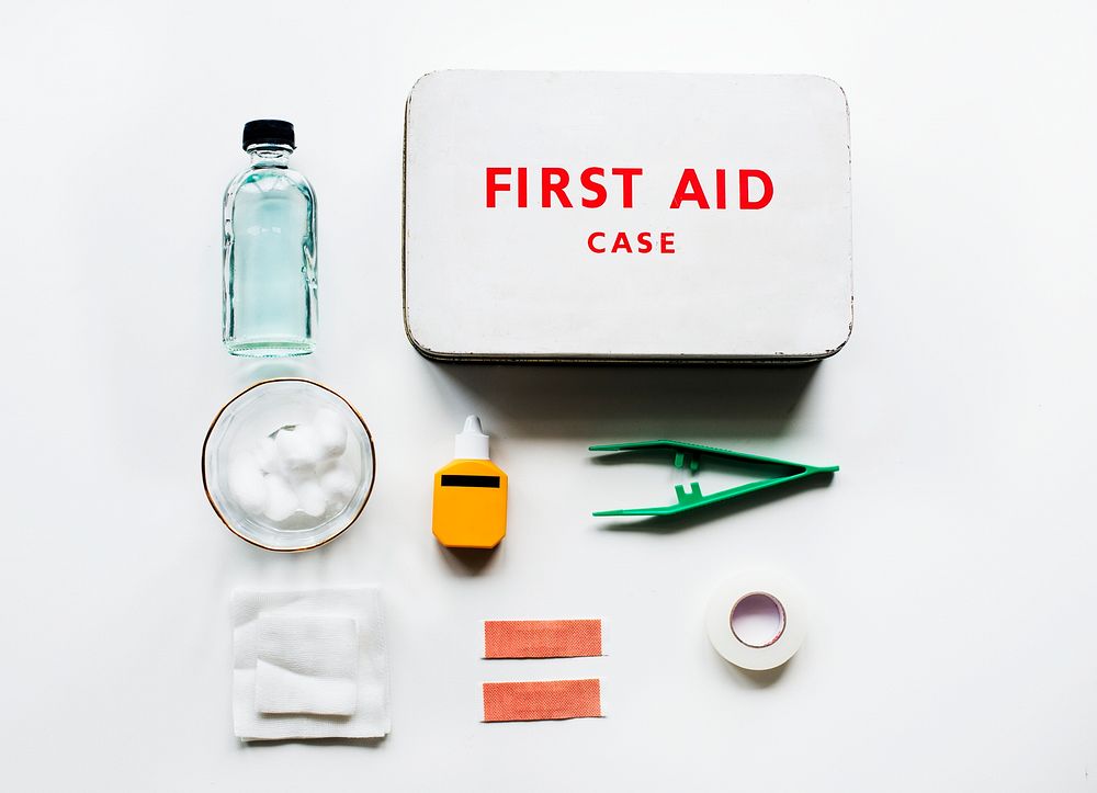 Aerial view of first aid case on white table