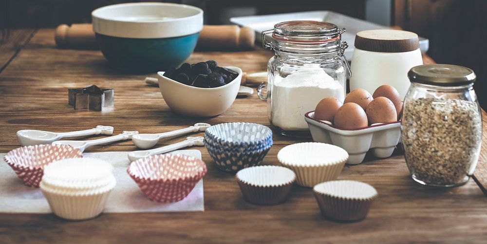 Baking ingredients and prep on the table