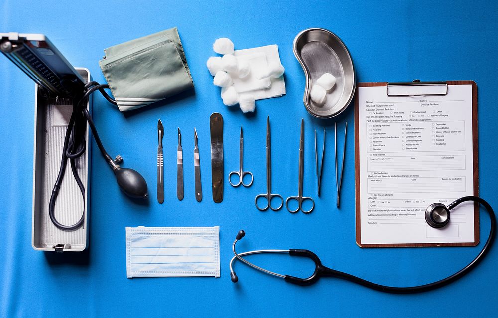 Medical stuff and a clipboard with a form