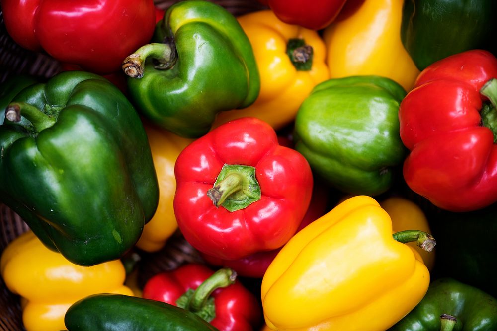 Red, green and yellow bell peppers