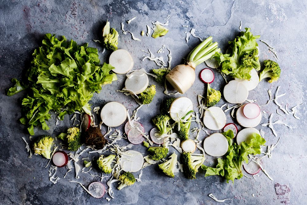 Aerial view of mixed fresh cut vegetable on grunge background