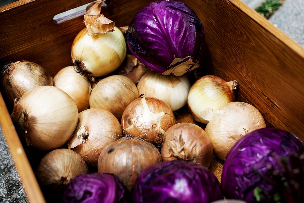 Onion and purple cabbage in a wooden bucket