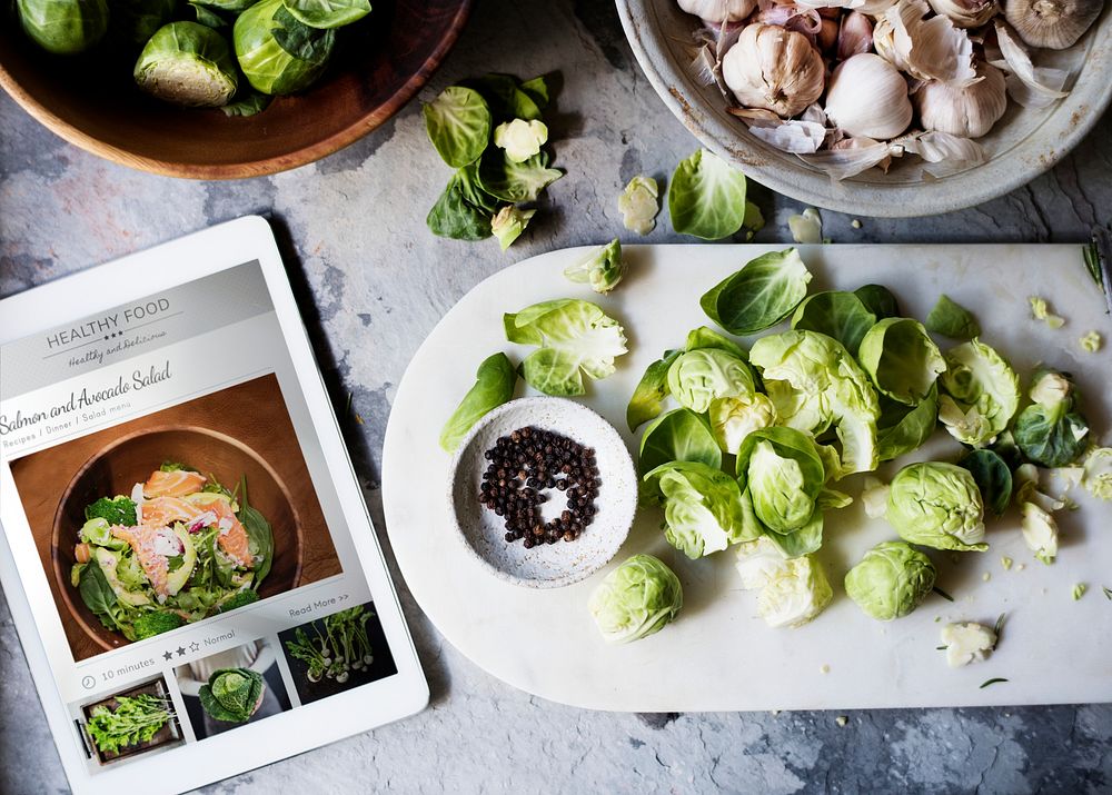 Aerial view of brussle sprouts with digital tablet