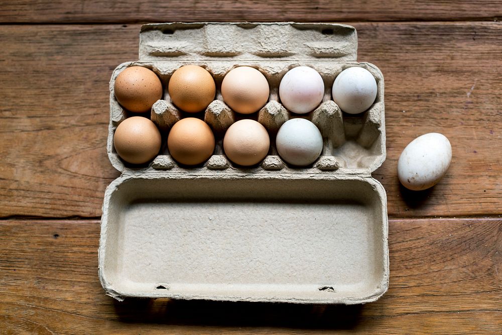 Aerial view of fresh organic various eggs
