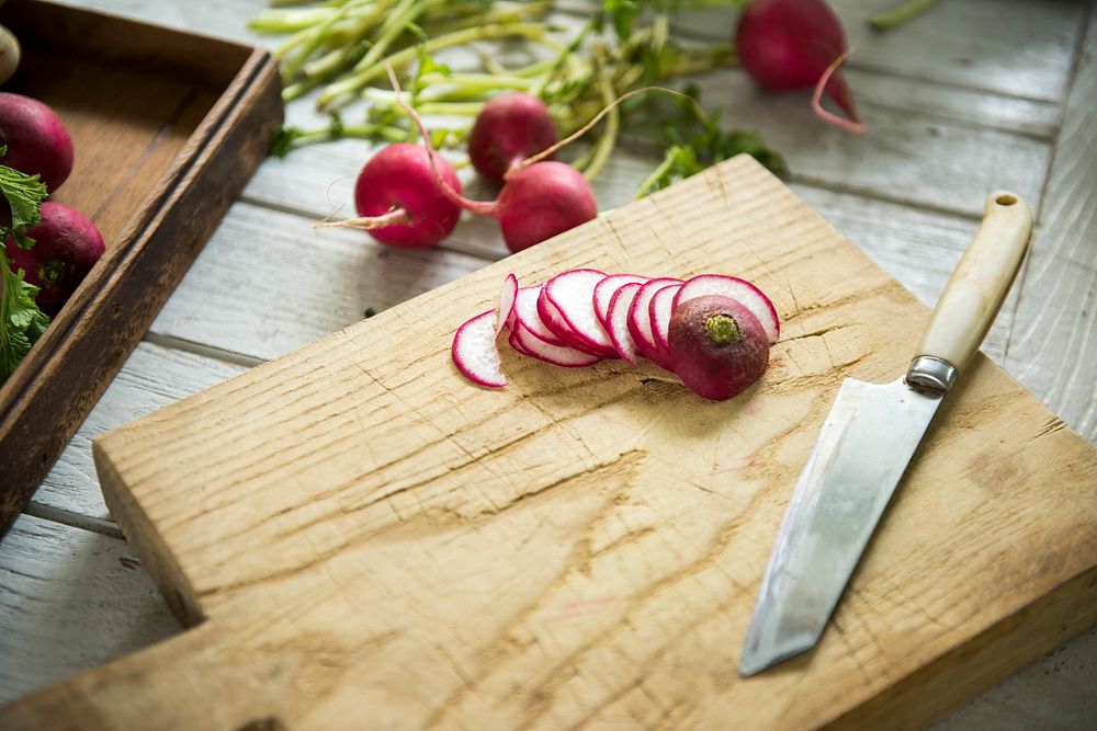 Chopped red turnips on a cutting board