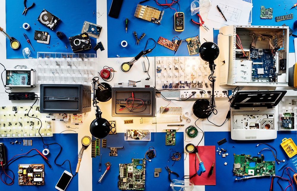 Aerial view of electronics technicians table workshop