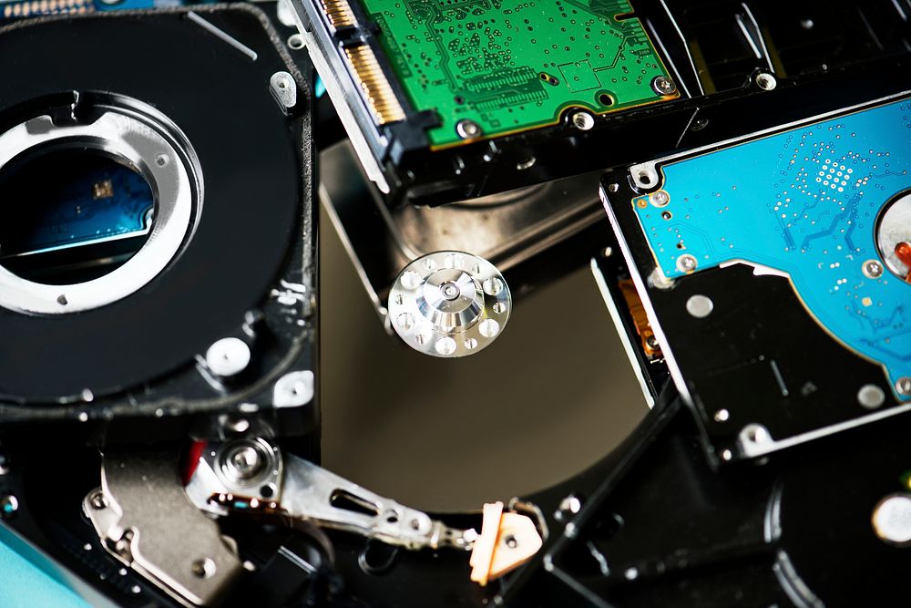 Closeup of computer hard disk drives