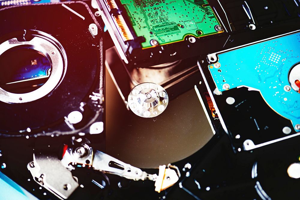 Closeup of computer hard disk drives