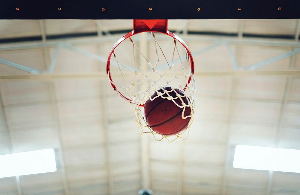 Basketball in hoop net