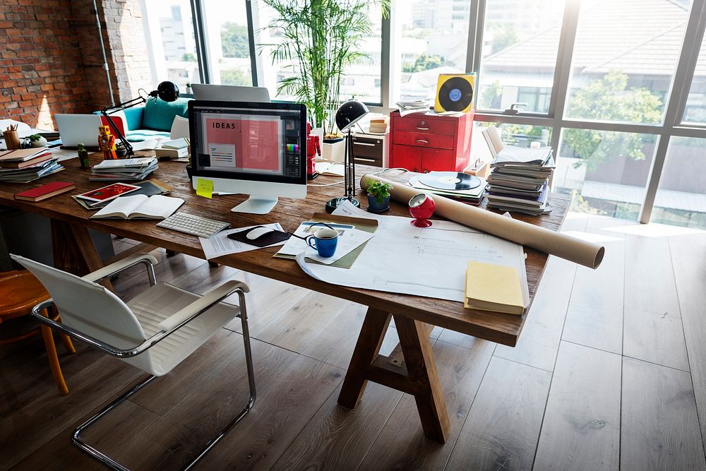 Home Office Window Wooden Table Workplace Concept