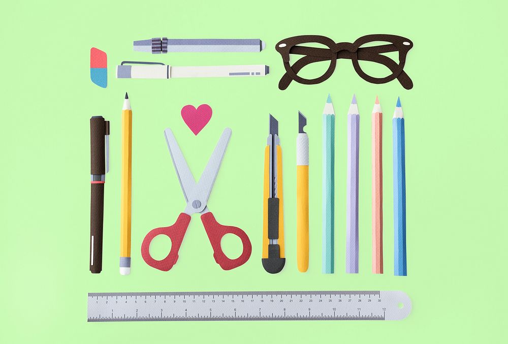 Pen Color Pencil Scissor Eraser Ruler Eyeglasses Concept