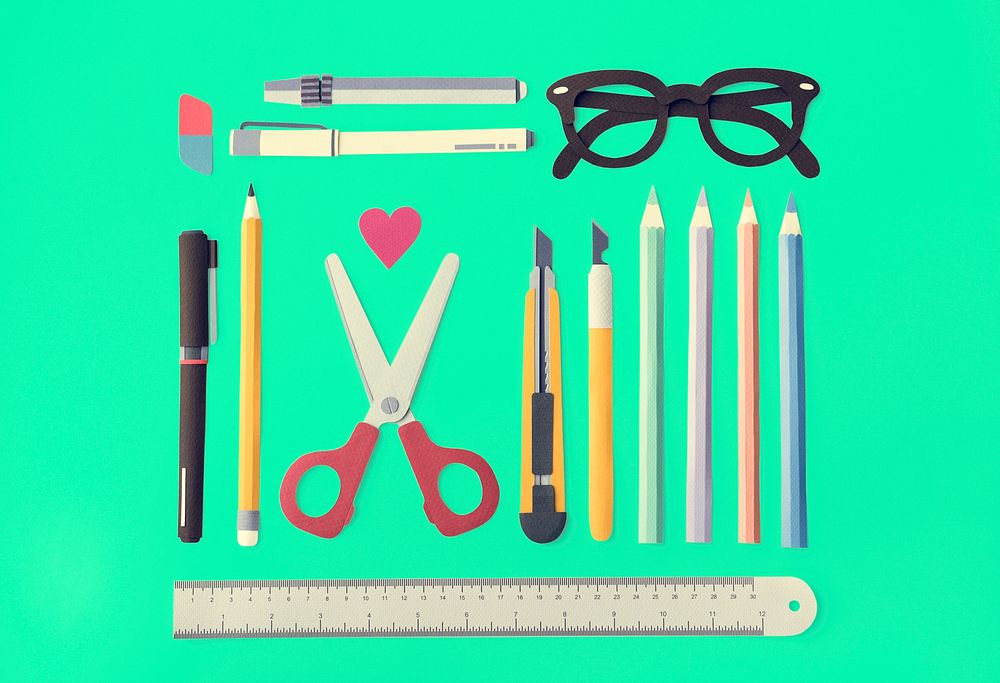 Pen Color Pencil Scissor Eraser Ruler Eyeglasses Concept