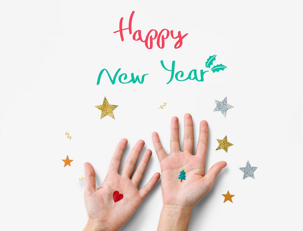 Aerial view of hands with happy new year wishing word on white background