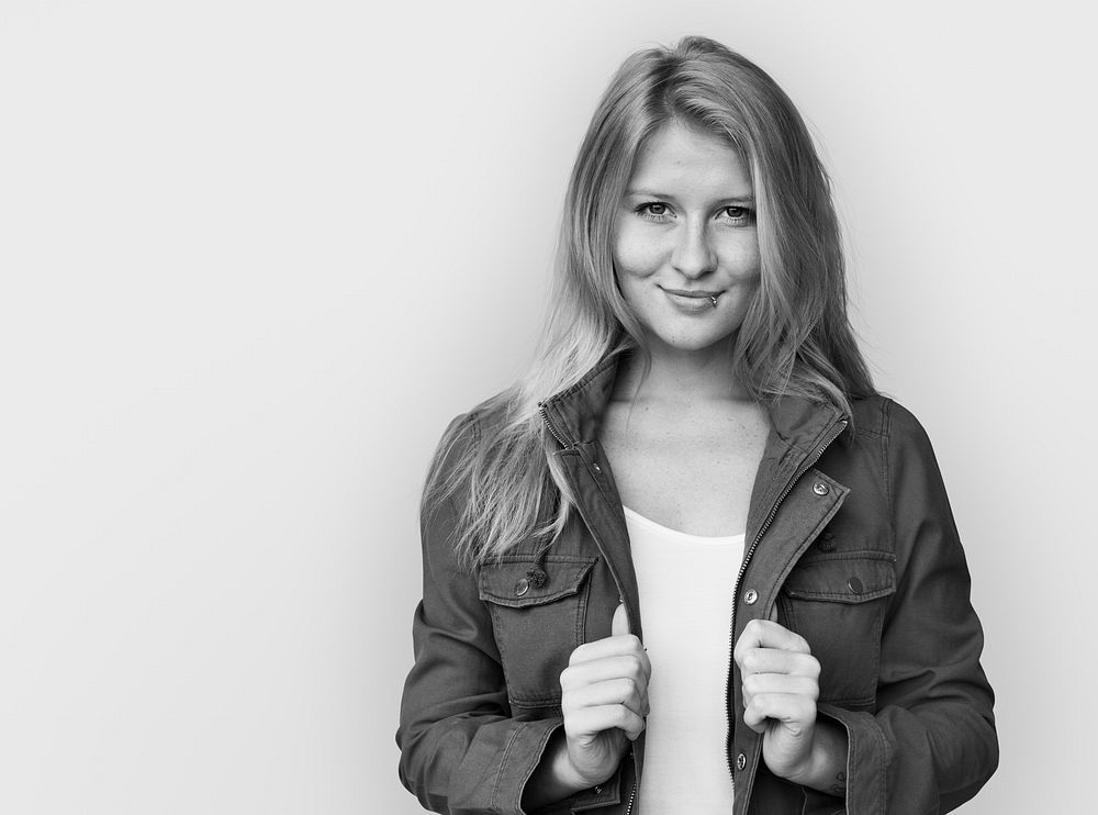 A studio portrait of young Caucasian woman