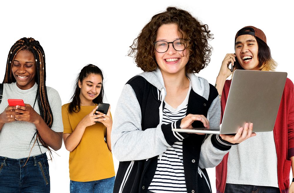 Diverse of Young Adult People Using Digital Devices Studio Isolated