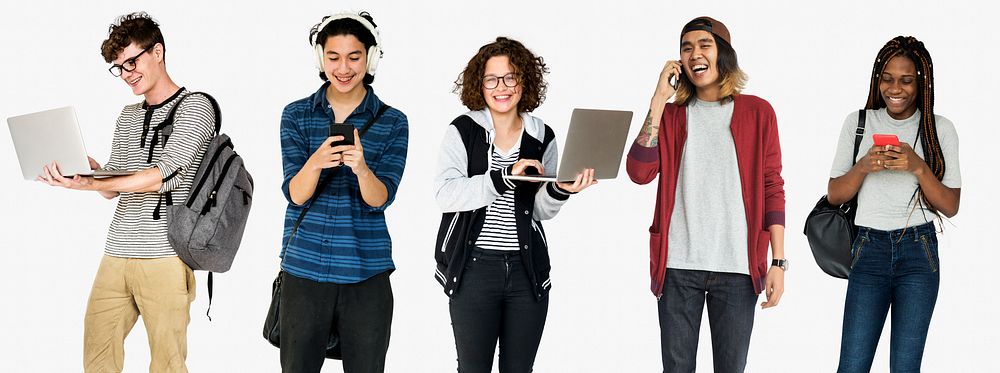 Diverse of Young Adult People Using Digital Devices Studio Isolated