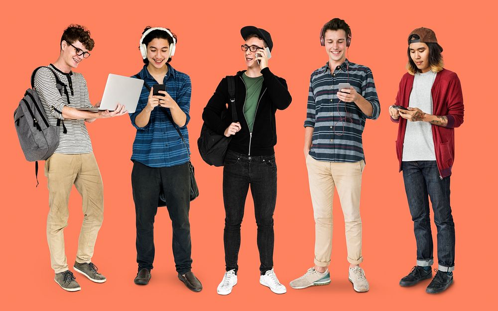 Diverse of Young Men Using Digital Devices Communication Studio Isolated