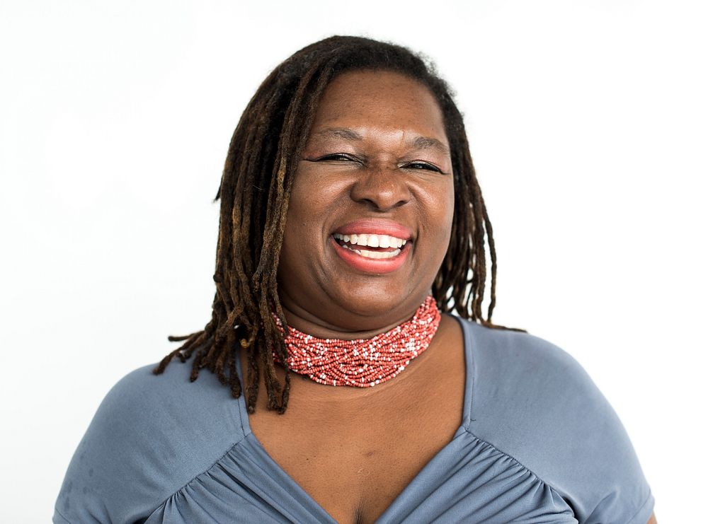 Black woman laughing cheerful studio portrait