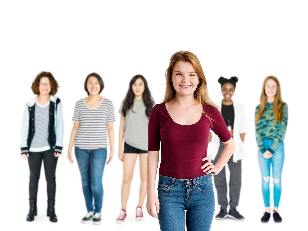 Diversity Young Women Set Gesture Standing Together Studio Isolated