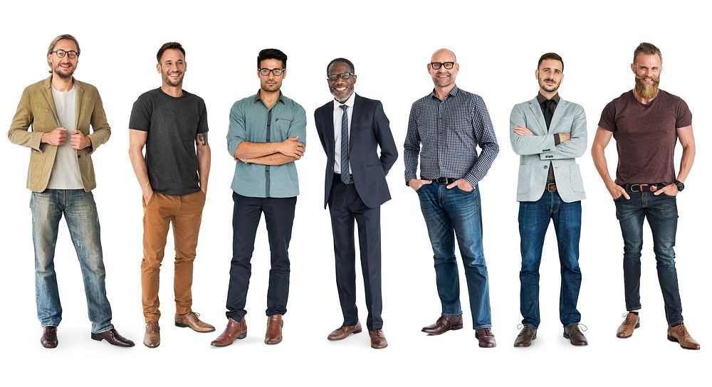 Diversity Men Set Gesture Standing Together Studio Isolated
