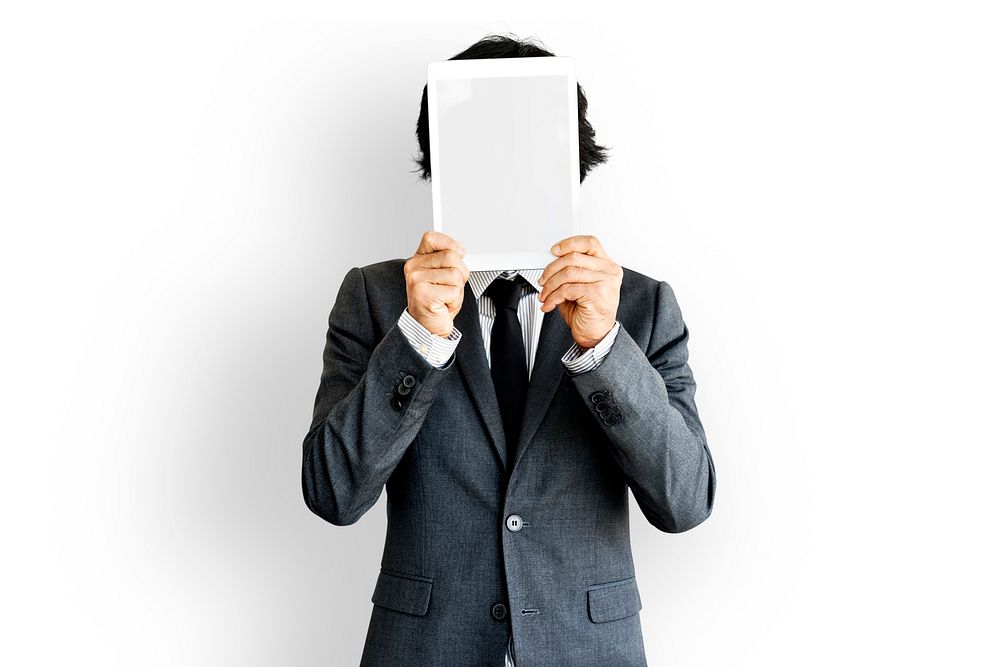 Businessman Digital Tablet Face Covered Copy Space Technology Concept