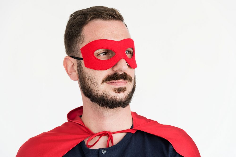 Man wearing a red superhero costume