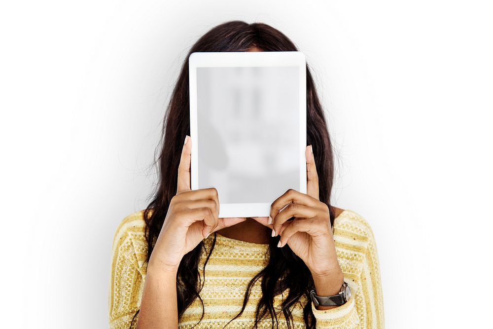 Woman Digital Tablet Face Covered Copy Space Technology Concept