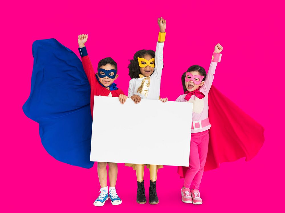 Superhero Kid Smiling Arms Raised Banner Copy Space