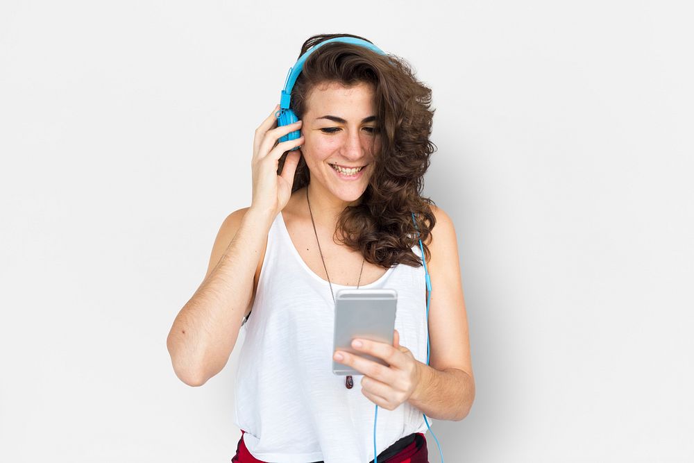Caucasian Lady Listening Music Headphones