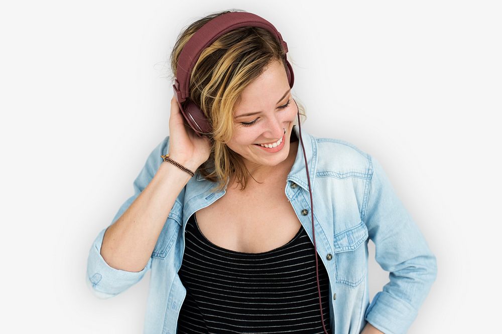 Female Smiling Listen Music Headphones Concept