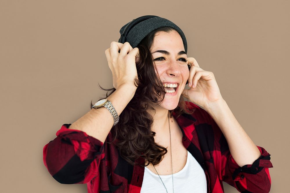 Caucasian Lady Headphones Music Concept