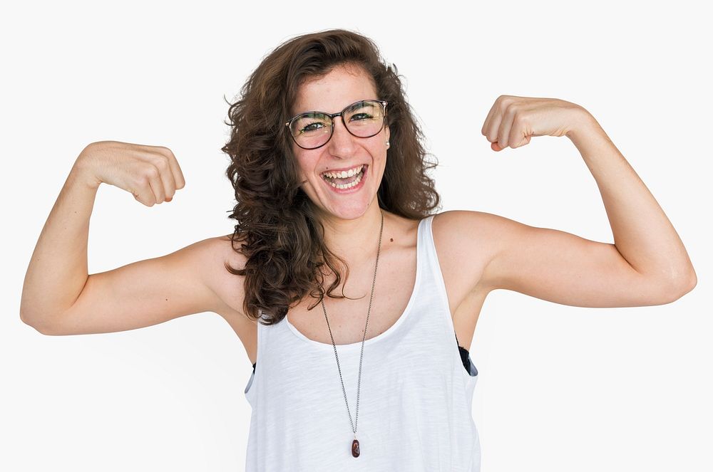 Happy woman showing off her muscles