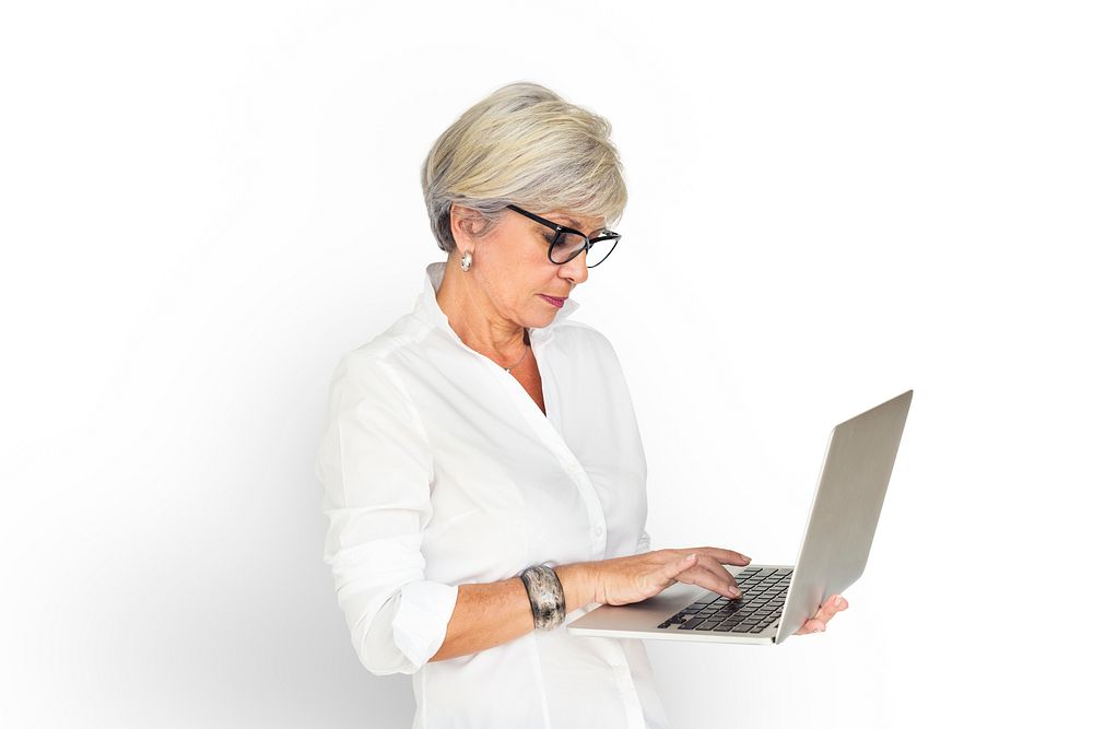 Adult Female Standing Holding Laptop Typing Concept