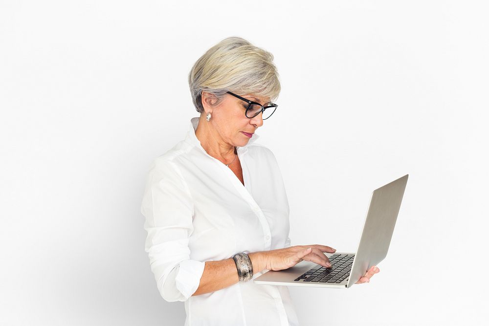 Adult Female Standing Holding Laptop Typing Concept