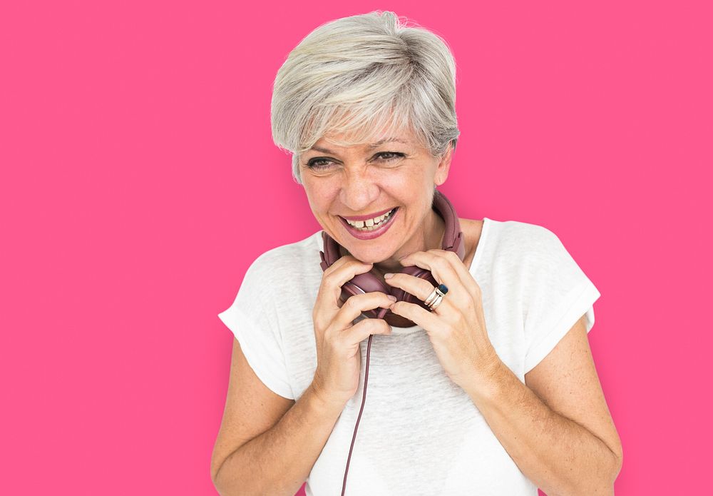Adult Lady Smiling Listen Music Headphones Concept