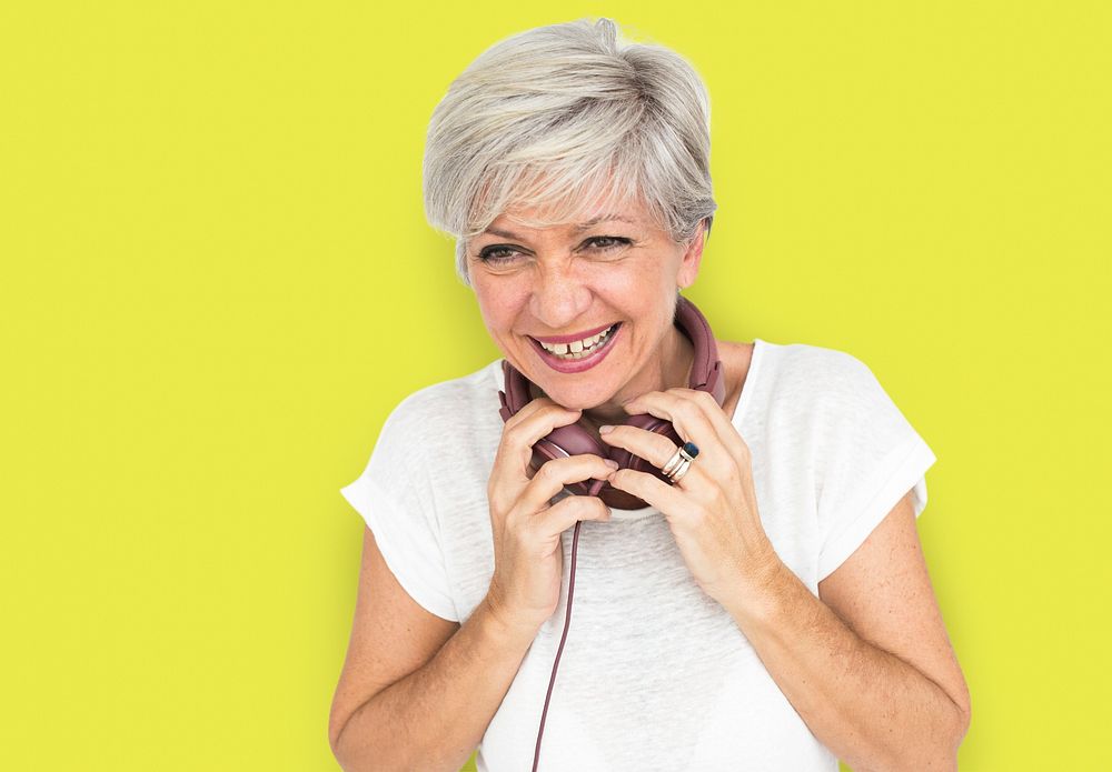 Adult Lady Smiling Listen Music Headphones Concept