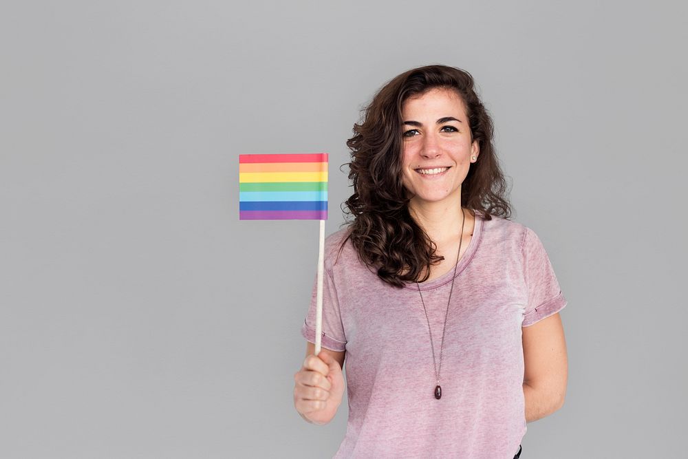 Woman Smiling Happiness LGBT Colorful Flag Concept