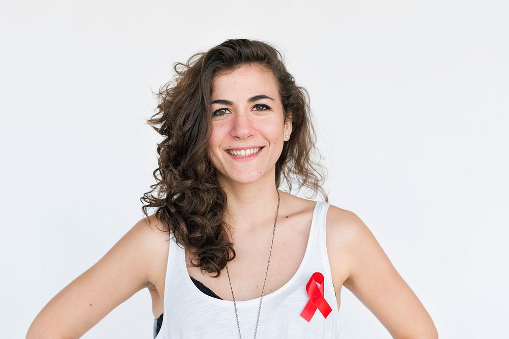 Woman Smiling Happiness Red Ribbon Awareness Campaign Concept