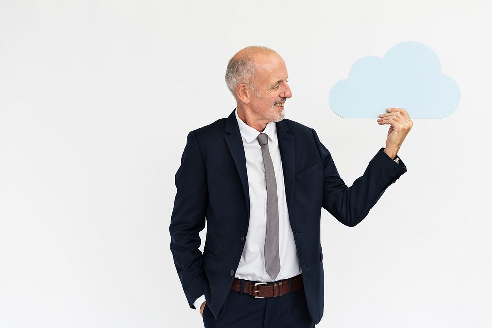 Old caucasian guy holding up cloud symbol