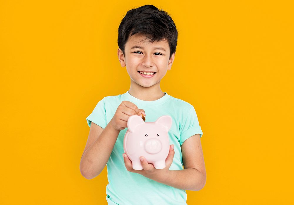 Little Boy Kid Adorable Cute Piggy Bank Saving Portrait Concept