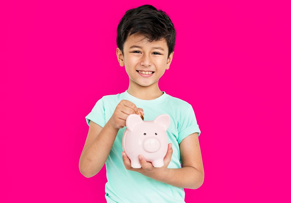 Little Boy Kid Adorable Cute Piggy Bank Saving Portrait Concept