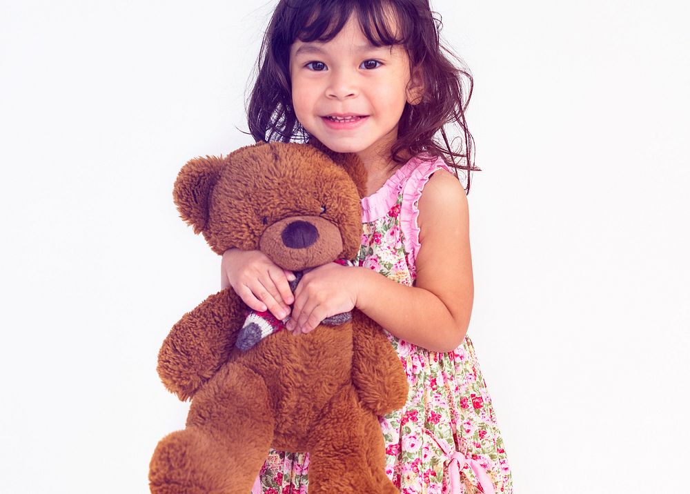Little Girl Hold Teddy Bear Studio Portrait